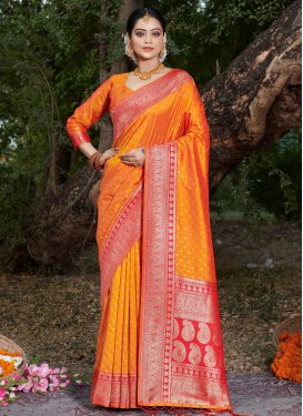 Orange and Red Banarasi Silk Designer Traditional Saree