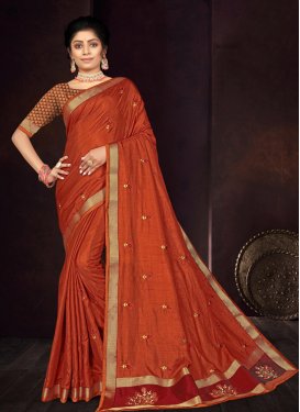 Orange and Red Embroidered Work Trendy Classic Saree