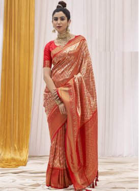 Orange and Red Woven Work Designer Contemporary Style Saree