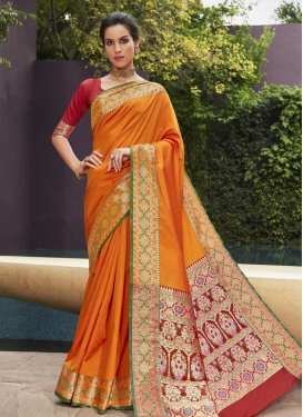 Orange and Red Woven Work Trendy Classic Saree