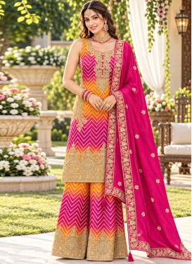 Orange and Rose Pink Chinon Embroidered Work Palazzo Suit for Women