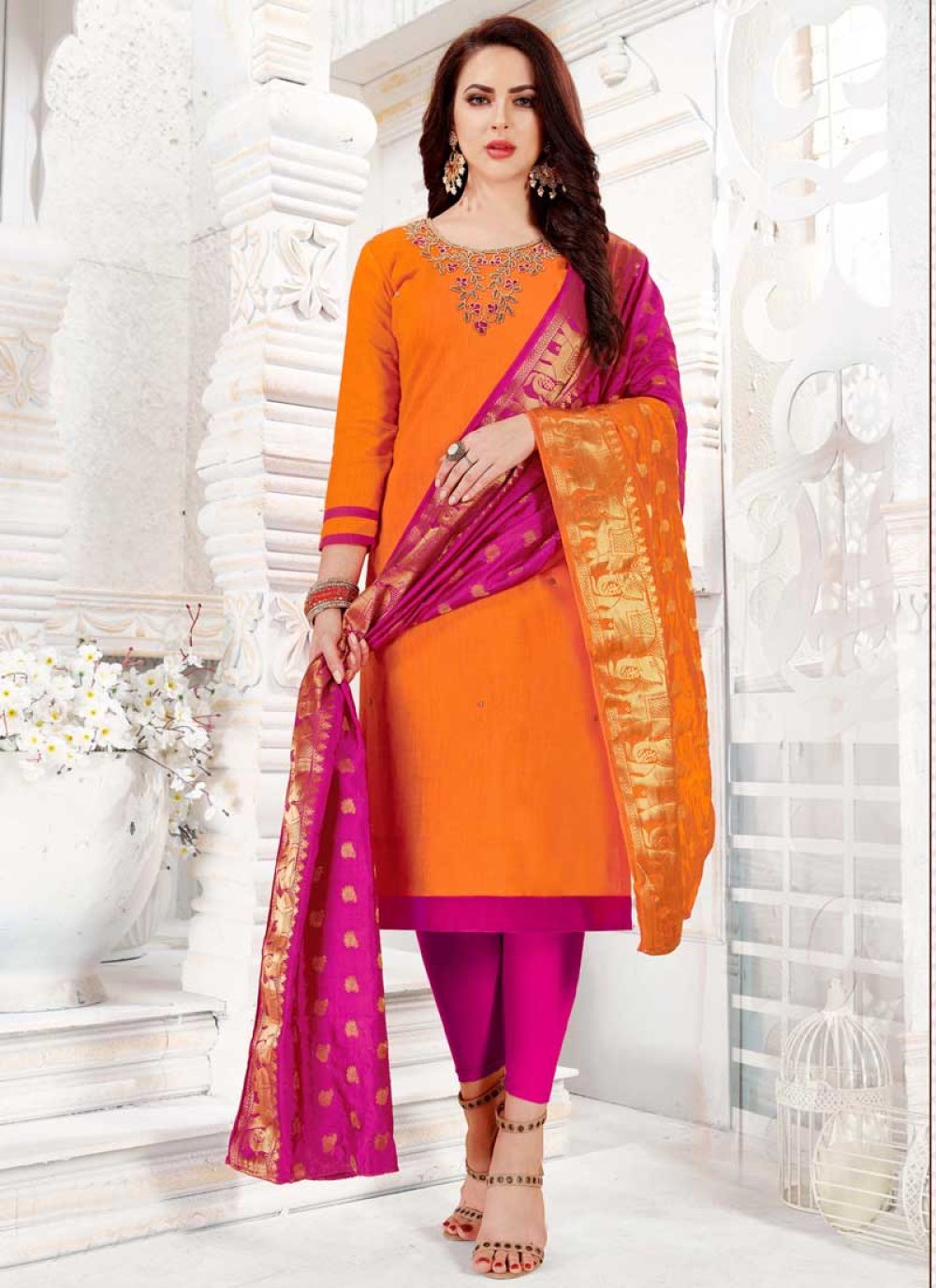Buy Pink & Orange Glace Cotton Embroidered Salwar Suit Online in India at  Lowest Prices - Price in India - buysnip.com