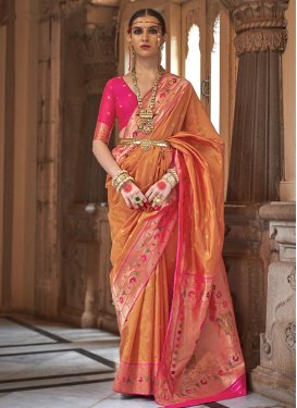 Orange and Rose Pink Woven Work Trendy Classic Saree