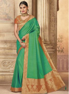 Orange and Sea Green Embroidered Work Traditional Saree