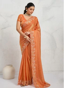 Orange Chiffon Satin Traditional Saree with Embroidered Work for Festival