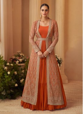 Orange Chinon Designer Gown with Embroidered Work for Party