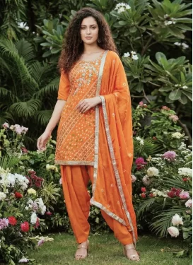 Orange Cotton Punjabi Salwar Suit with Bandhani Print Work for Ceremonial