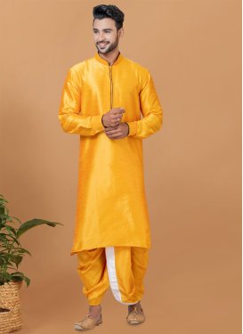 Orange Dupion Silk Woven Work Dhoti Kurta for Men