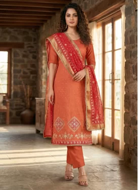 Orange Rayon Straight Suit with Cutdana Work for Ceremonial