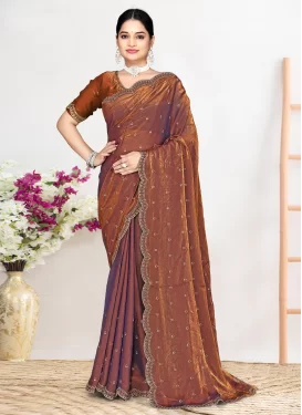 Orange Satin Silk Swarovski Work Traditional Saree for Women