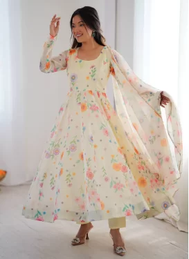 Organza Anarkali Suit in Cream with Digital Print Work for Festival