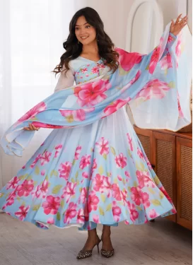 Organza Anarkali Suit in Light Blue with Digital Print Work for Festival