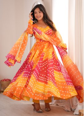 Organza Anarkali Suit in Multi Colour with Bandhani Print Work for Women