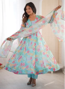 Organza Anarkali Suit in Turquoise with Digital Print Work for Ceremonial