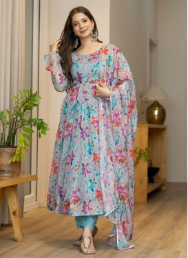 Organza Anarkali Suit in Turquoise with Digital Print Work for Women