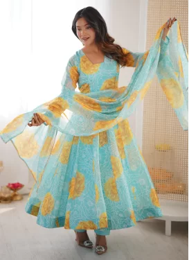 Organza Anarkali Suit with Digital Print Work for Ceremonial in Turquoise