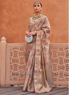 Organza Beige and Grey Digital Print Work Designer Contemporary Style Saree