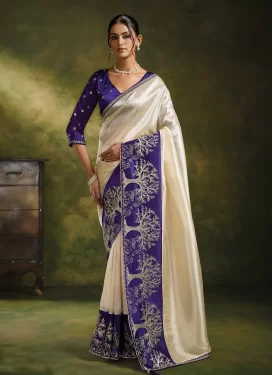 Organza Classic Saree in Cream and Purple with Embroidered Work for Women
