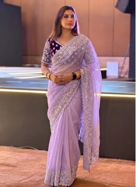Organza Classic Saree with Embroidered Work for Women in Violet