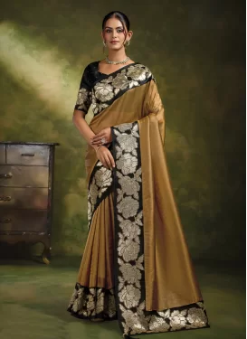 Organza Classic Saree with Embroidered Work in Black and Mustard
