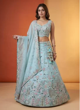 Organza Designer Lehenga Choli with Embroidered Work in Firozi