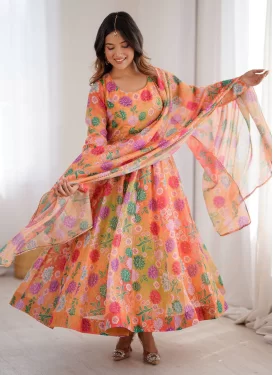 Organza Digital Print Work Anarkali Suit in Orange