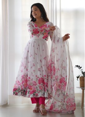 Organza Digital Print Work Anarkali Suit in Rose Pink and White