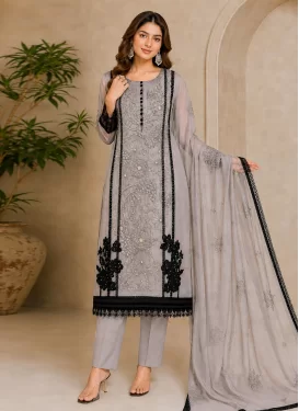 Organza Embroidered Work Pakistani Suit in Grey