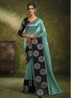 Organza Embroidered Work Traditional Saree in Aqua Blue and Black