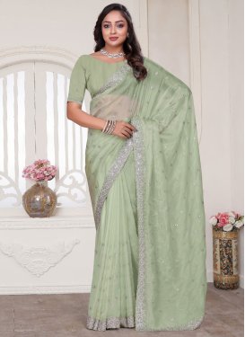 Organza Embroidered Work Trendy Saree in Mint Green