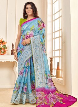Organza Light Blue and Rose Pink Designer Contemporary Style Saree For Ceremonial