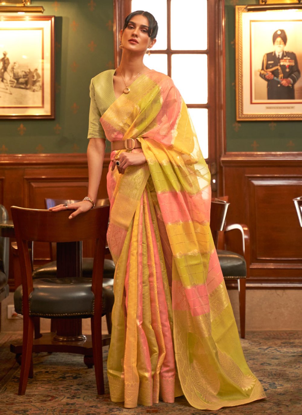 Organza Olive and Pink Traditional Designer Saree