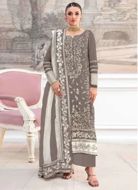 Organza Pakistani Suit with Embroidered Work for Festival in Grey