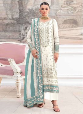 Organza Pakistani Suit with Embroidered Work in Aqua Blue and White for Ceremonial