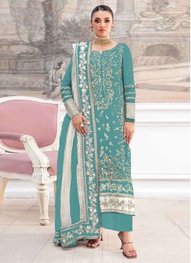 Organza Pakistani Suit with Embroidered Work in Turquoise for Ceremonial