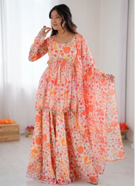 Organza Sharara Suit with Digital Print Work for Ceremonial in Peach