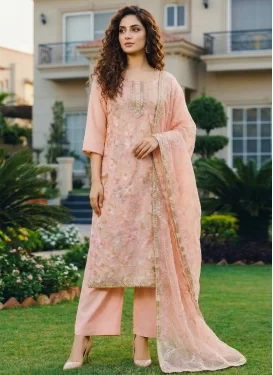 Organza Straight Suit with Beads Work for Women in Peach