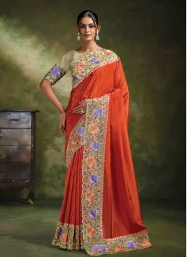 Organza Traditional Saree in Cream and Tomato with Embroidered Work for Women