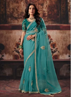 Organza Traditional Saree with Beads Work for Women in Aqua Blue