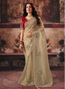 Organza Traditional Saree with Beads Work in Beige