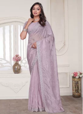 Organza Traditional Saree with Embroidered Work for Festival in Mauve