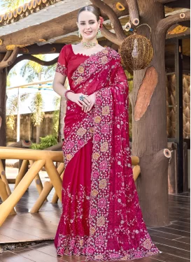 Organza Traditional Saree with Embroidered Work for Festival in Rose Pink