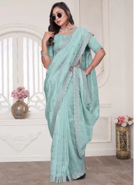 Organza Traditional Saree with Embroidered Work in Aqua Blue for Ceremonial