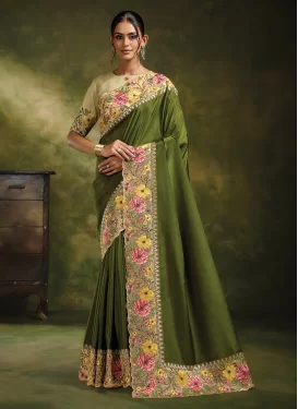 Organza Traditional Saree with Embroidered Work in Cream and Olive for Festival