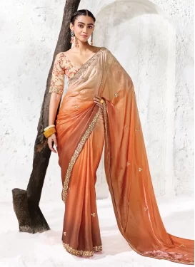 Organza Traditional Saree with Resham Work in Beige and Orange