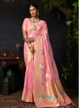 Organza Traditional Saree with Woven Work in Hot Pink
