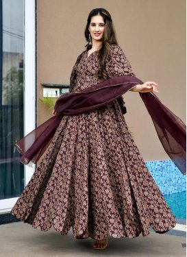 Organza Trendy Gown in Wine with Digital Print Work for Ceremonial