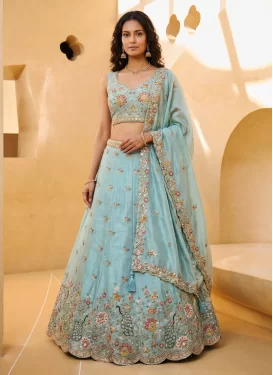 Organza Trendy Lehenga Choli with Embroidered Work in Firozi