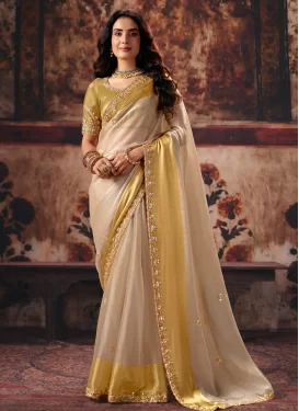Organza Trendy Saree in Beige and Mustard with Beads Work for Ceremonial