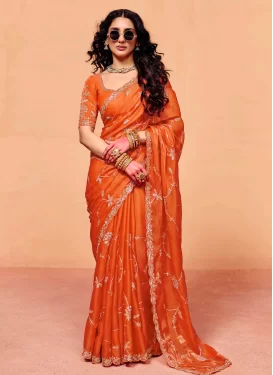 Organza Trendy Saree in Orange with Embroidered Work for Festival